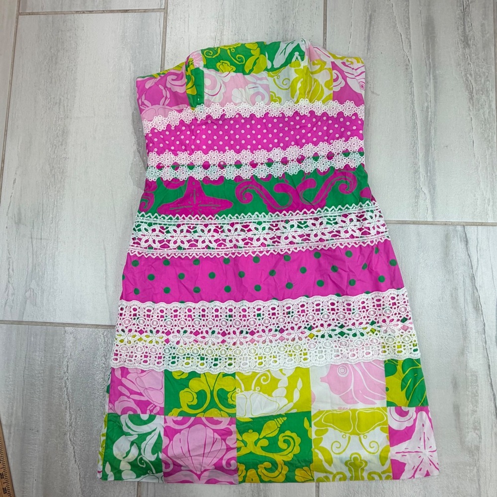 Vintage Viral Lilly Pulitzer Pink Ribbon Patchwork Lace Strapless Shift Dress 10